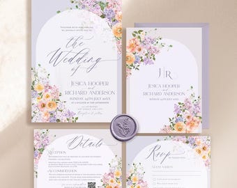 Floral Garden Wedding Invitation Template, Purple Lilac Wedding Suite Template Editable, Wedding Set Printable Wedding QR Code E045
