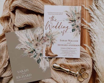 Western Floral Boots Wedding Invitation Card Template, Cowboy Boot Desert Fall Wedding Invite, Tan Rustic Boho Cream Pampas Grass E130