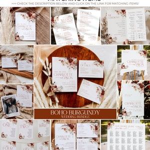 Puede incluir: Un conjunto de papeler&iacute;a de boda con tarjetas blancas y detalles florales en color burdeos y crema. El set incluye tarjetas de reserva de fecha, itinerarios, detalles de la boda, tarjetas de confirmaci&oacute;n y planos de mesa con los nombres Charlotte y Jason.