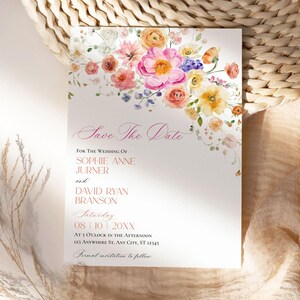Bright Floral Save The Date Card, Colorful Flowers Save The Date Template with Photo, Save Our Date Instant Download E083