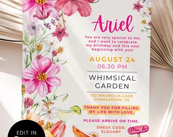 Whimsical Garden Tropical Birthday Invitation Card Template, Wildflower & Hibiscus Floral Card, Cocktail Seashell Theme, Customizable Canva