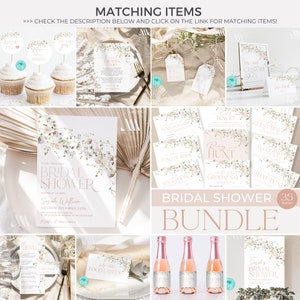 May include: A bridal shower stationery bundle featuring white paper cards with floral illustrations in soft pink and green tones. The collection includes invitations, game cards, food labels, thank you tags, and mini champagne bottle labels.