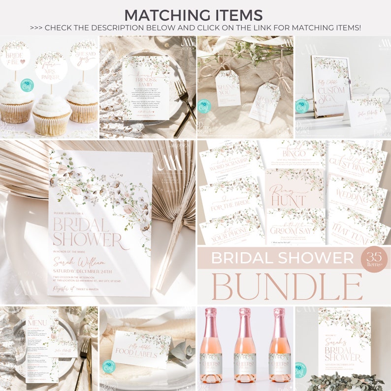 May include: A bridal shower stationery bundle featuring white paper cards with floral illustrations in soft pink and green tones. The collection includes invitations, game cards, food labels, thank you tags, and mini champagne bottle labels.