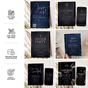 Business invitation template bundle with 45+ editable cards for dinner parties, corporate events, and anniversaries, fully customizable in Corjl.