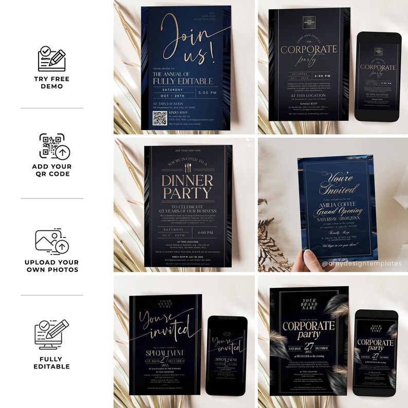 Business invitation template bundle with 45+ editable cards for dinner parties, corporate events, and anniversaries, fully customizable in Corjl.