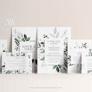 Eucalyptus Wedding Invitation Template, Greenery Wedding Invite Suite Printable, Minimalist Wedding Suite D001