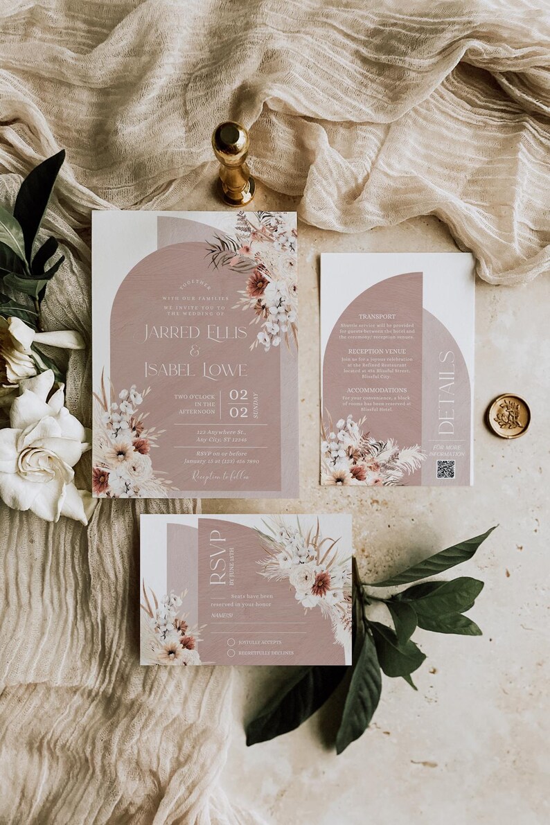 May include: A set of three wedding invitation cards with a floral design. The main card features a peach background with a floral arch and the text "JARRED ELLIS & ISABEL LOWE". The second card has details about the wedding, including the date, time, and location. The third card is an RSVP card with a floral design and a place to indicate attendance.