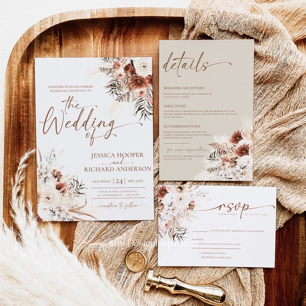 Boho Wedding Invitation Suite Template, Terracotta Wedding Invite Set, Elegant Fall Wedding Set Template, Boho Pampas Editable Download #149