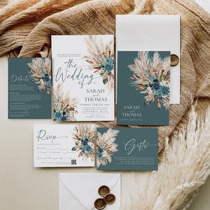 Boho Teal Wedding Invitation Template, Bohemian Teal Wedding Invitation Suite Editable Printable, Turquoise Wedding Card E106