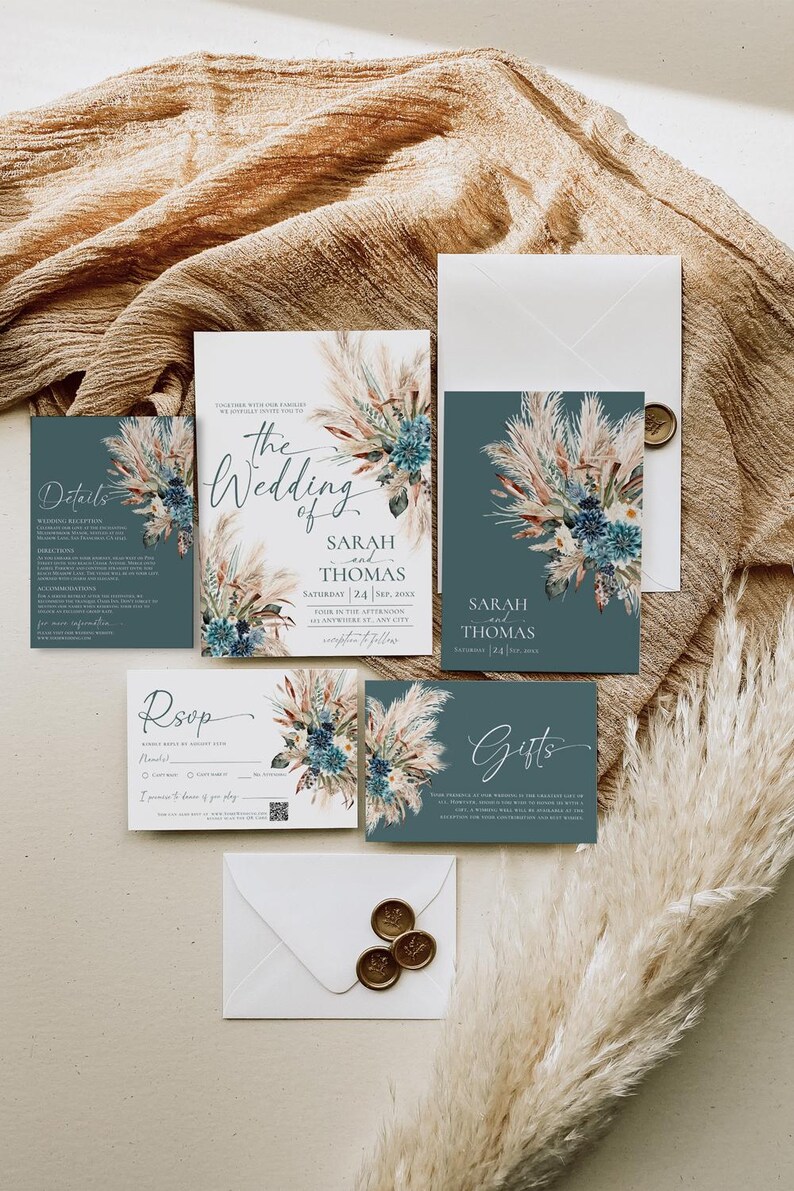 Boho Teal Wedding Invitation Template, Bohemian Teal Wedding Invitation Suite Editable Printable, Turquoise Wedding Card E106