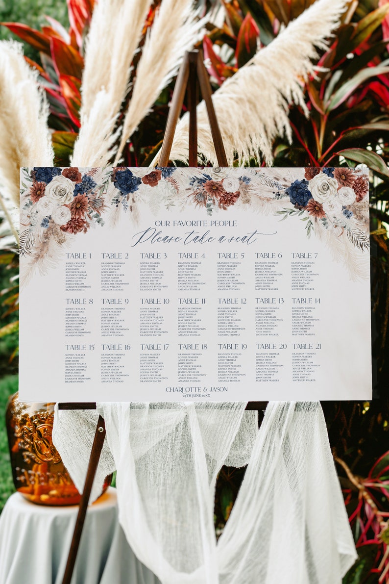 May include: A wedding seating chart with a floral design in shades of blue, white, and red. The chart lists the names of guests assigned to each table number. The text at the top reads "Our Favorite People Please Take a Seat". The bottom of the chart reads "Charlotte & Jason 27th June 202X."