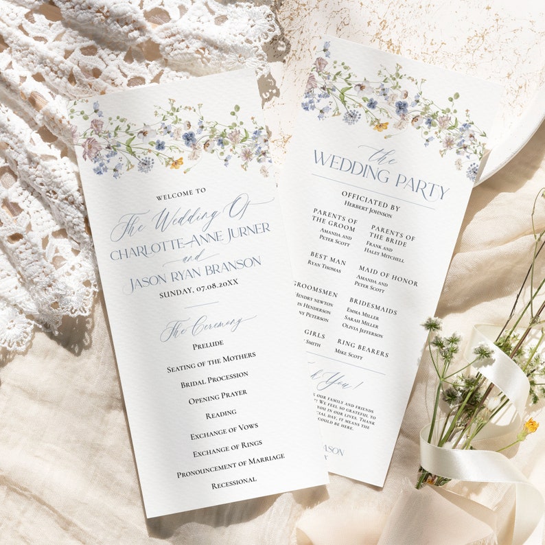 Floral Wedding Program Template Card 4x9, Booklet Wedding Programs, Catholic Wedding Program Template, Order of Service D006