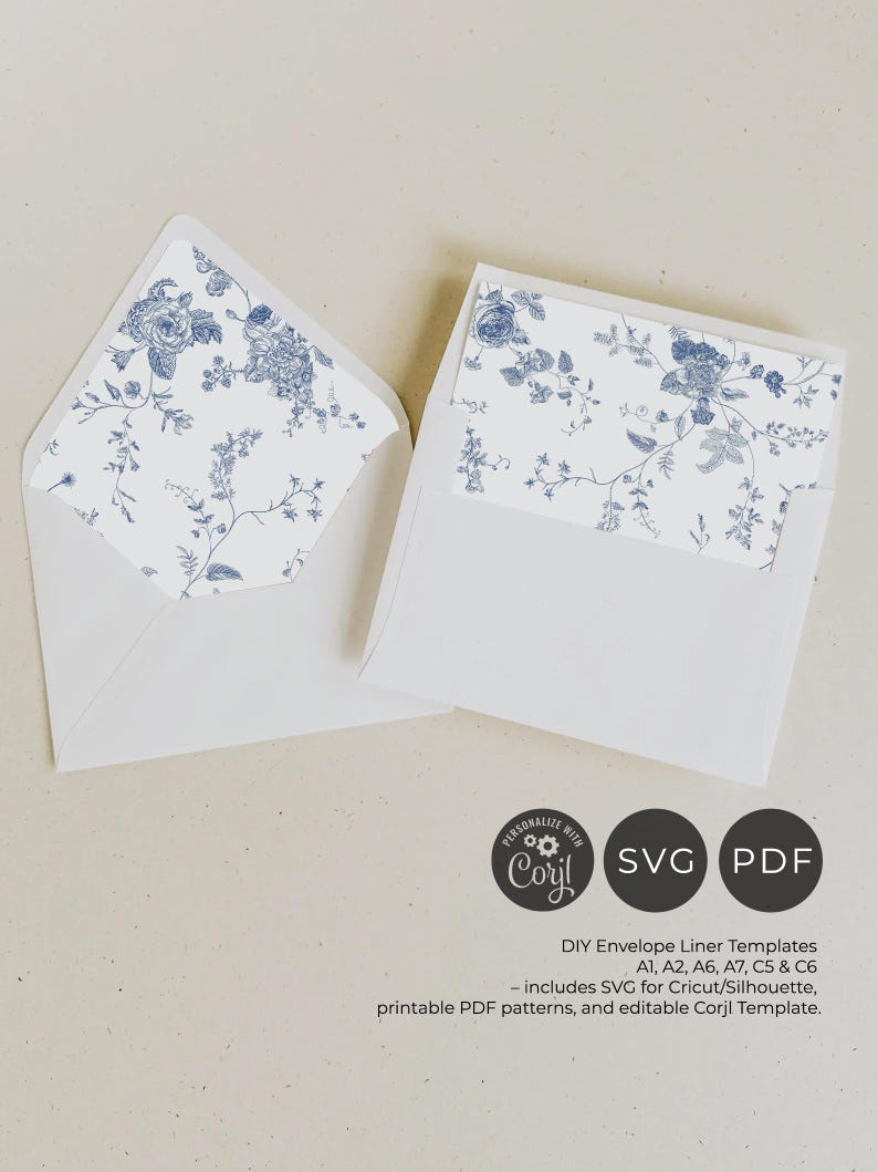 Monogram Blue Envelope Liner Template, DIY Envelope Liner Printable Template, Wedding Envelope Liner Template, PDF SVG Digital Download