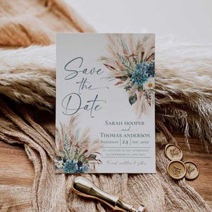 Rustic Save The Dates Card Printable, Teal Boho Wedding Save The Date Template with Photo, Custom Save The Date Wedding Templates E106