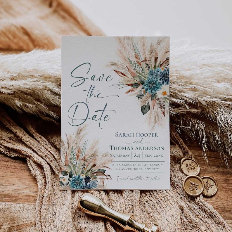 Rustic Save The Dates Card Printable, Teal Boho Wedding Save The Date Template with Photo, Custom Save The Date Wedding Templates E106