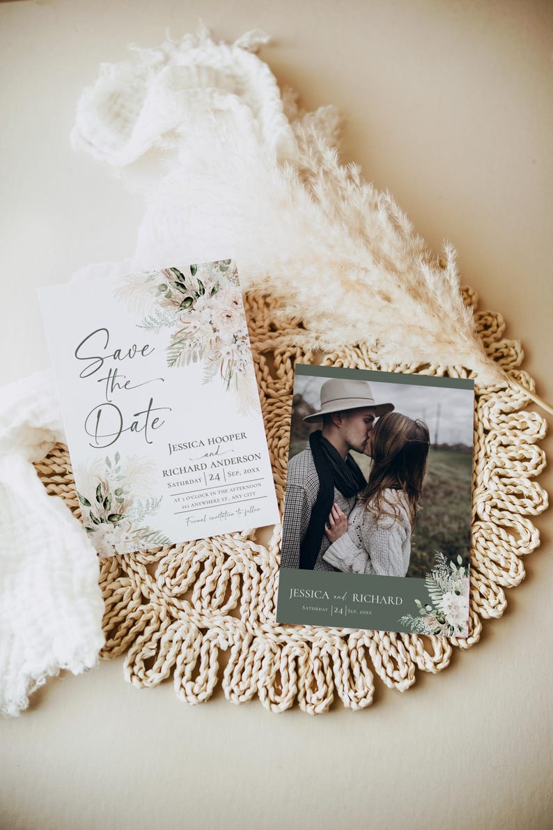 Sage Green Boho Save The Date Template with Photo Card (Digital Download) D024 image 3