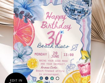 Beach Disco Birthday Party Invitation, Silver Mirror Ball Coastal Theme, Blue Hibiscus & Citrus Cocktail Card, Canva Edit, Digital Download