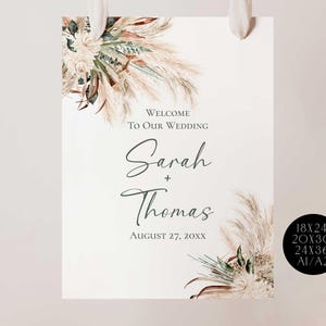 Bohemian Green Pampas Wedding Welcome Sign Template, Welcome To Our Wedding, Rustic Boho Wedding Signage Template E008