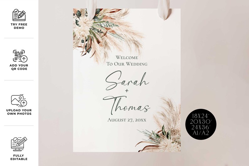 Bohemian Green Pampas Wedding Welcome Sign Template, Welcome To Our Wedding, Rustic Boho Wedding Signage Template E008