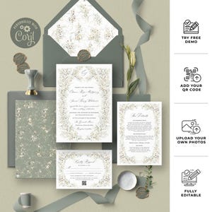 Wildflower Wedding Invitation Template, Elegant Wedding Invite Template Printable, Vintage Wedding Invitation Card, Wedding Suite D034