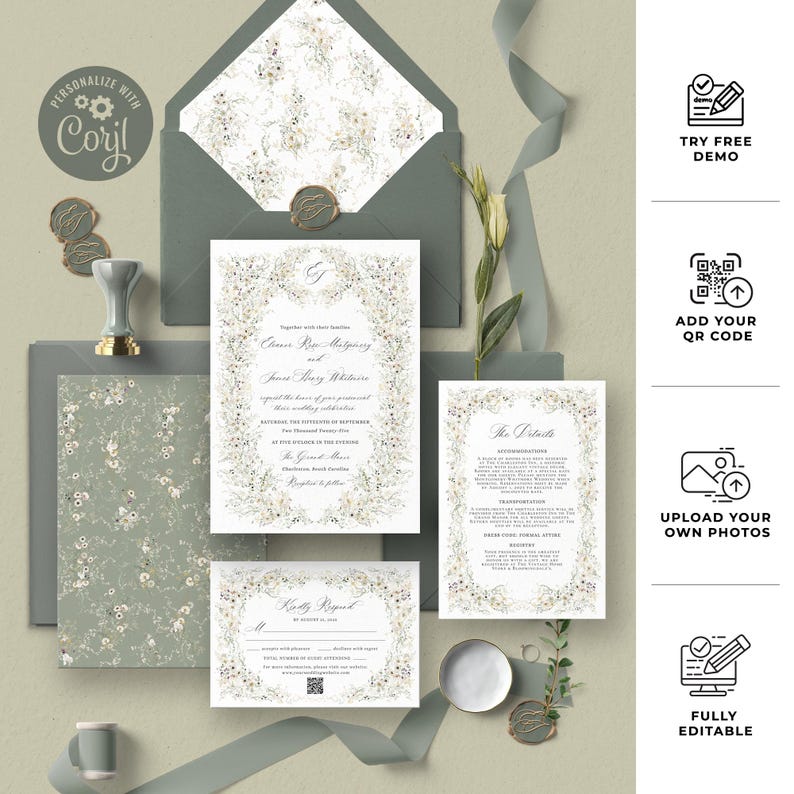 Wildflower Wedding Invitation Template, Elegant Wedding Invite Template Printable, Vintage Wedding Invitation Card, Wedding Suite D034