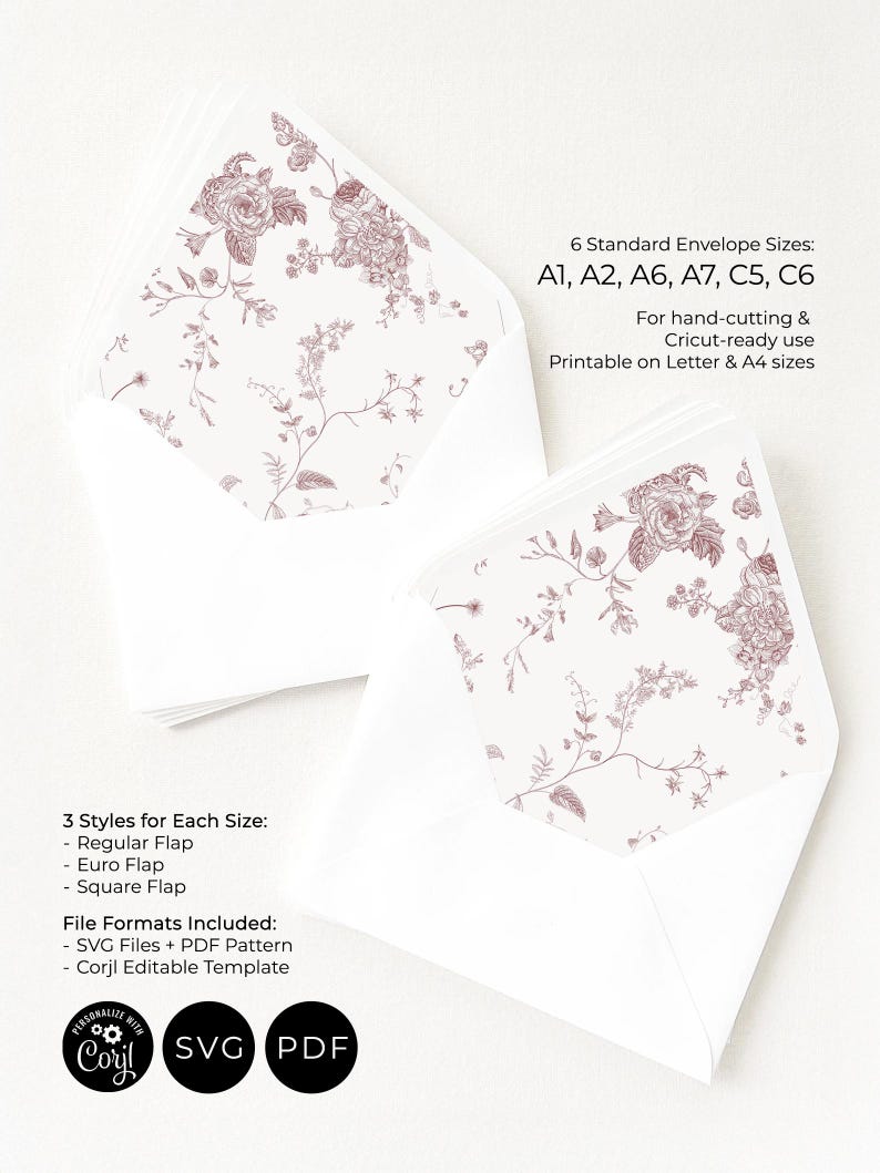 French Toile Envelope Liner Template, Pink Monogram Wedding Envelope Liner Template A1 A2 A6 A7 C5 C6, Digital File SVG, Instant Download