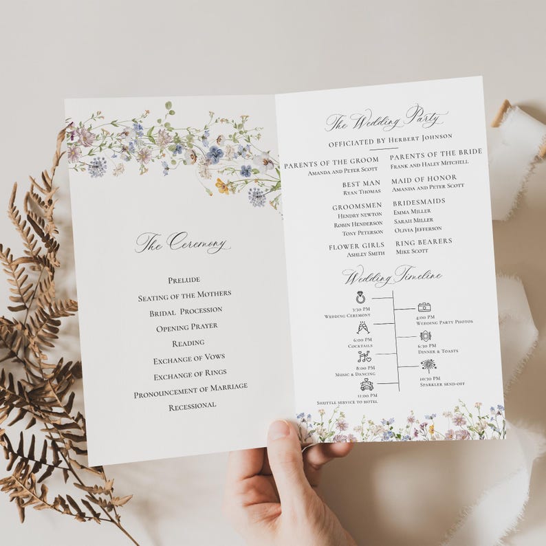 May include: A wedding ceremony program with a floral design. The program includes the order of events for the ceremony and a wedding timeline. The program is printed on white paper with a floral border.