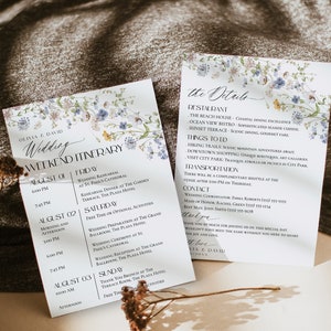 Plantilla de itinerario de boda, itinerario de fin de semana editable, plantilla minimalista de cronograma de boda, eventos de fin de semana, boda con flores silvestres