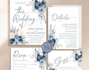 Navy Dusty Blue Wedding Invitation Suite, Boho Rustic Cream Rose Template Stationery, Elegant Wedding Invitation Card Printable E129