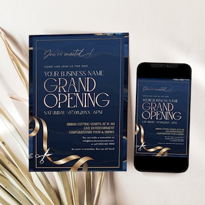 Editable grand opening invitation in navy and gold, perfect for business and corporate launch events.