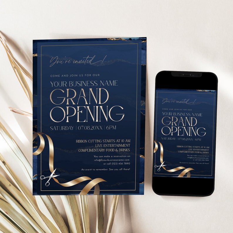 Editable grand opening invitation in navy and gold, perfect for business and corporate launch events.