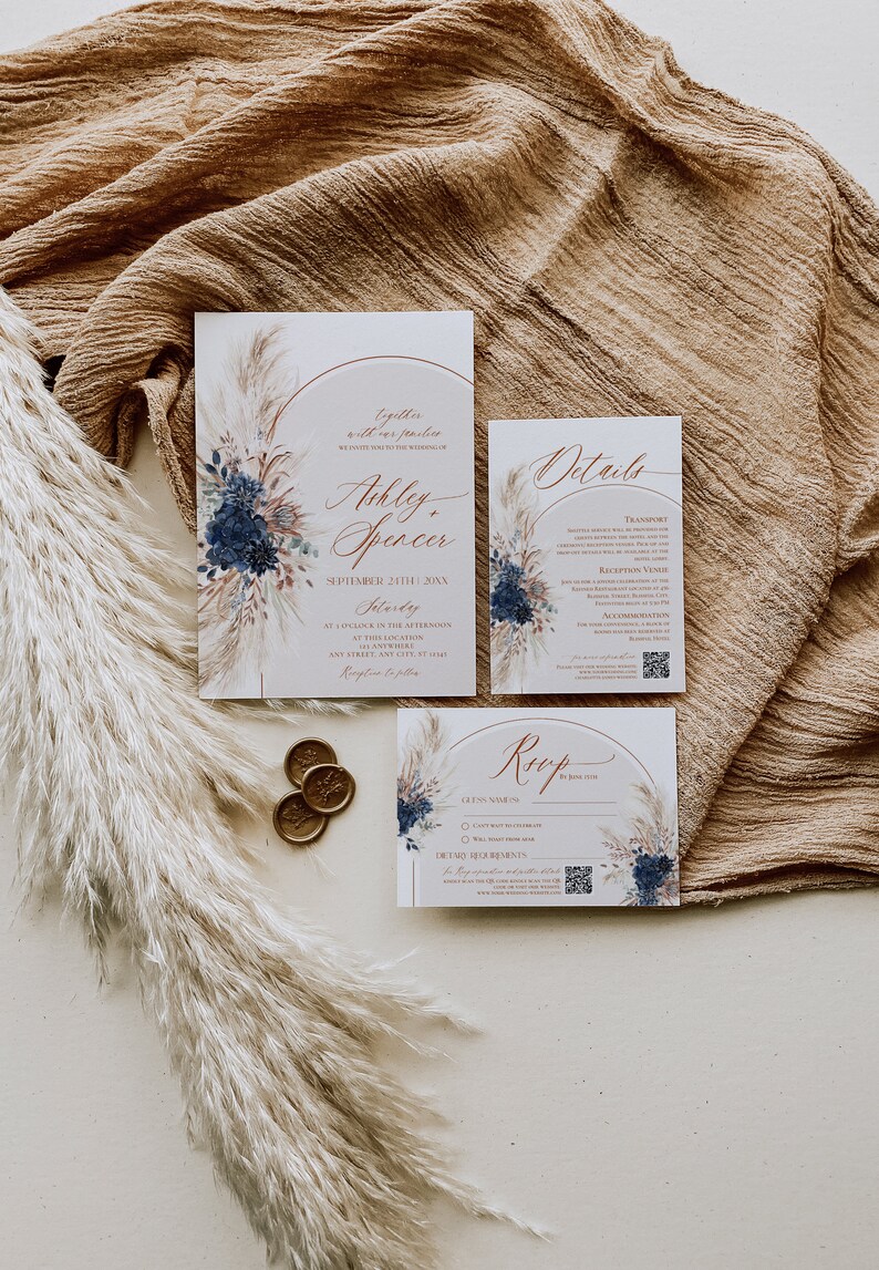 Navy Blue Wedding Invitation Template Boho Wedding Invitation Suite Navy Blue Wedding Invite Set Pampas Bohemian Arched E059