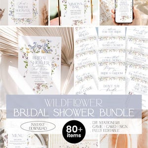 Puede incluir: Un conjunto de papelería para despedida de soltera con ilustraciones de flores silvestres en azul, amarillo y morado. La colección incluye invitaciones, tarjetas de juegos, menús y letreros con tipografía elegante y el texto Wildflower Bridal Shower Bundle.