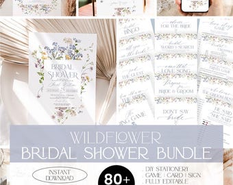 May include: A bridal shower stationery bundle featuring wildflower floral illustrations in blue, yellow, and purple. The collection includes invitations, game cards, menus, and signs with elegant typography and the text Wildflower Bridal Shower Bundle.