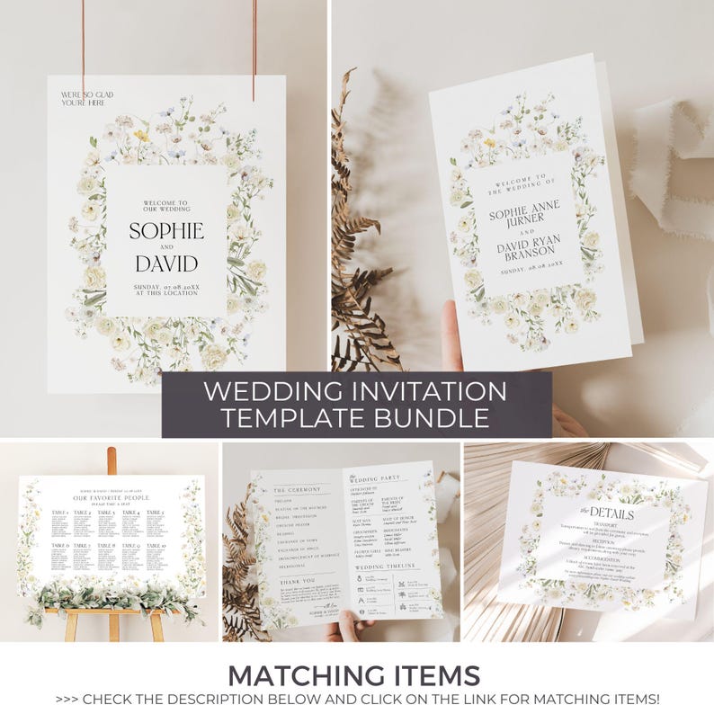 May include: A wedding invitation template bundle featuring various stationery items. The designs include floral borders and elegant fonts. The invitation suite includes a welcome sign, invitation cards, a seating chart, a ceremony program, and a details card.