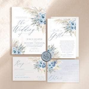 May include: A wedding invitation suite with a blue and white floral design. The invitation features the text "The Wedding of Jessica Hooper and Richard Anderson" with the date and time of the wedding. The RSVP card includes a space for guest names, dietary requirements, and a place to indicate whether they will attend the wedding. The details card includes information about the reception and accommodation.
