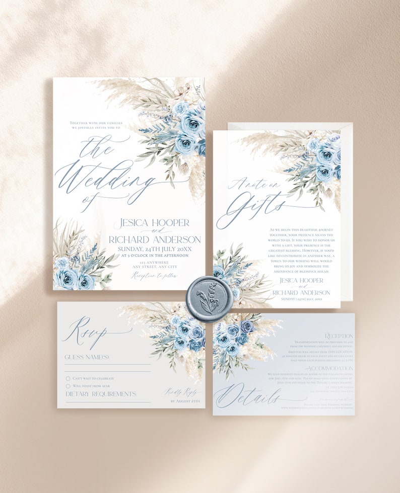 May include: A wedding invitation suite with a blue and white floral design. The invitation features the text "The Wedding of Jessica Hooper and Richard Anderson" with the date and time of the wedding. The RSVP card includes a space for guest names, dietary requirements, and a place to indicate whether they will attend the wedding. The details card includes information about the reception and accommodation.