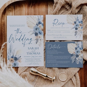 Modèle de faire-part de mariage bohème, modèle de suite d'invitation de mariage bleu, parure de mariage, modèle imprimable modifiable pampa bleu poussiéreux D030