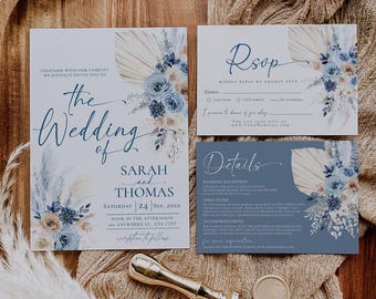 Boho Blue Wedding Invitation Suite: Pampas Grass Template (Digital Download) D030