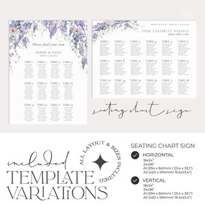 Puede incluir: Una plantilla de plano de asientos de boda imprimible con un dise&ntilde;o floral morado. La plantilla incluye dos dise&ntilde;os diferentes: horizontal y vertical. La plantilla est&aacute; disponible en dos tama&ntilde;os: 18x24 pulgadas y 24x36 pulgadas. La plantilla tambi&eacute;n incluye el texto "Por favor, encuentra tu asiento" y "Nuestra gente favorita, por favor, toma asiento".