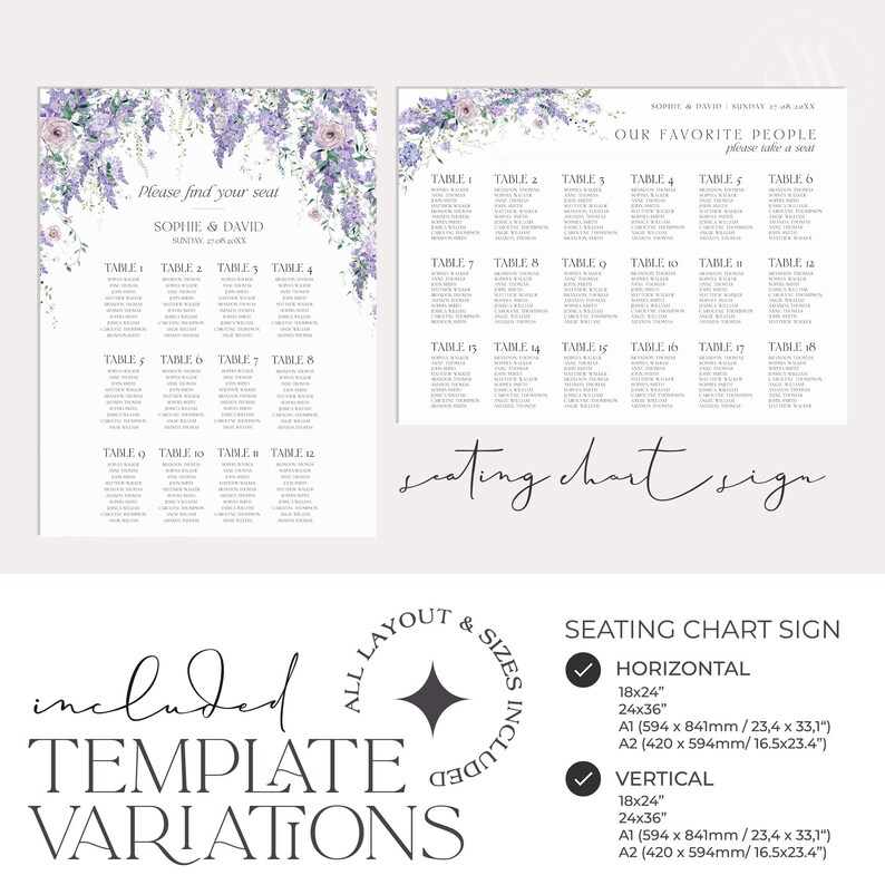 Puede incluir: Una plantilla de plano de asientos de boda imprimible con un dise&ntilde;o floral morado. La plantilla incluye dos dise&ntilde;os diferentes: horizontal y vertical. La plantilla est&aacute; disponible en dos tama&ntilde;os: 18x24 pulgadas y 24x36 pulgadas. La plantilla tambi&eacute;n incluye el texto "Por favor, encuentra tu asiento" y "Nuestra gente favorita, por favor, toma asiento".