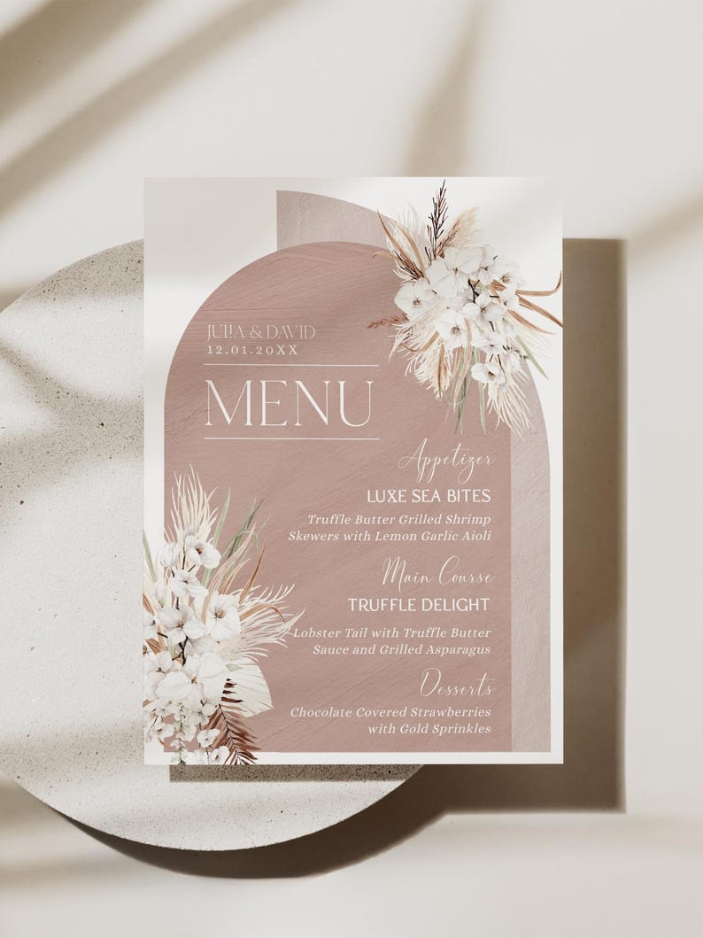 Boho Arched Menu Template, Terracotta Boho Wedding Menu Template, Bohemian Wedding Menu Cards Printable Thank You Place Card Template E029