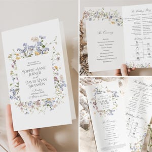 May include: Wedding ceremony program with floral illustrations. The program includes the wedding party, the ceremony order, and wedding traditions. The text reads "Welcome to the wedding of Sophie Anne Jurner and David Ryan Branson, Saturday, 27th July, 20XX, At this beautiful..."