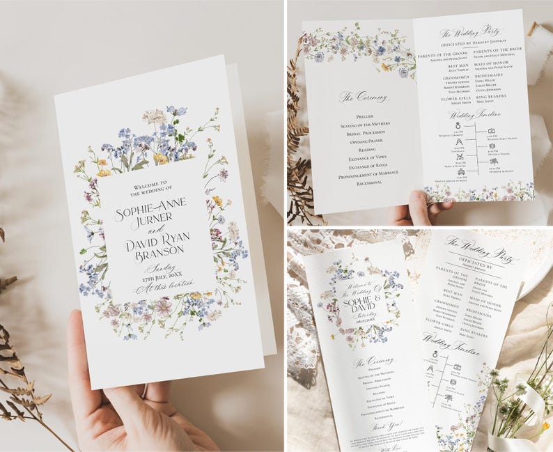 May include: Wedding ceremony program with floral illustrations. The program includes the wedding party, the ceremony order, and wedding traditions. The text reads "Welcome to the wedding of Sophie Anne Jurner and David Ryan Branson, Saturday, 27th July, 20XX, At this beautiful..."