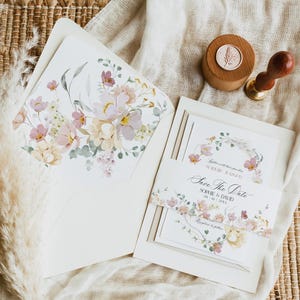 May include: A set of wedding invitations with a floral design in shades of pink, yellow, and green. The text on the invitation reads "Save the Date" with the names "Sophie & David" and the date "06.10.2024".