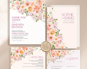 Peach Floral Wedding Invitation Suite, Soft Pink Rose Marriage Wedding Stationery, Romantic Garden Wedding Set, Pastel Invite Card