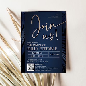 Modèle d'invitation d'anniversaire d'entreprise bleu marine or QR Code, veuillez nous rejoindre carte d'invitation imprimable, invitation à une fête d'entreprise C067