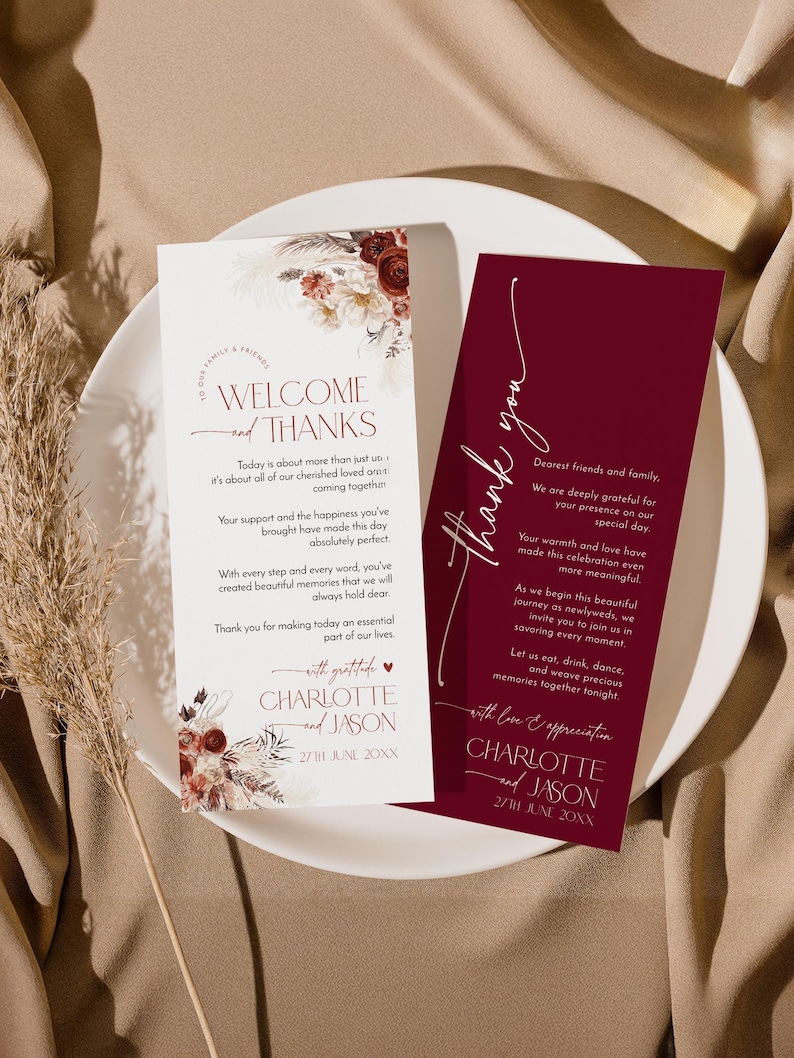 Boho Wedding Thank You Card Template: Rustic Burgundy