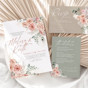 May include: A wedding invitation suite featuring a main invitation, an RSVP card, and a details card. The stationery displays floral illustrations of pink roses and pampas grass, with text including Melisa & Keith, RSVP, and the details.