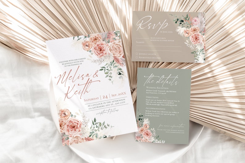 May include: A wedding invitation suite featuring a main invitation, an RSVP card, and a details card. The stationery displays floral illustrations of pink roses and pampas grass, with text including Melisa & Keith, RSVP, and the details.